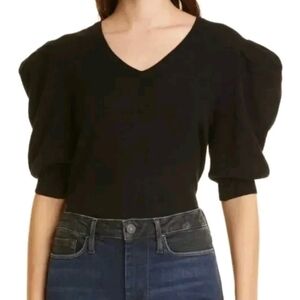 Frame Cashmere Puff Sleeve V-neck Sweater S Black